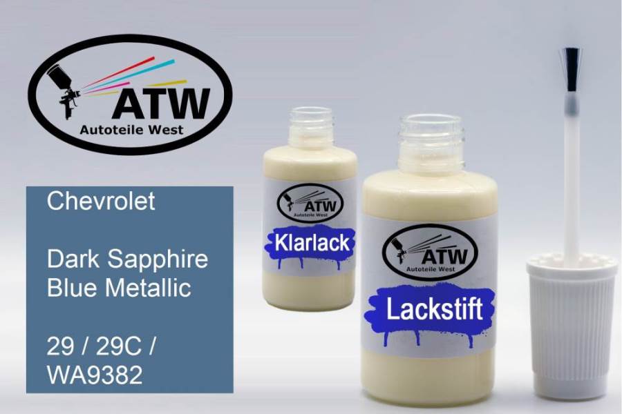 Chevrolet, Dark Sapphire Blue Metallic, 29 / 29C / WA9382: 20ml Lackstift + 20ml Klarlack - Set, von ATW Autoteile West.